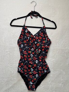 As Rose Rich - Black Red Rose & Skull Halter One-Piece Swimsuit